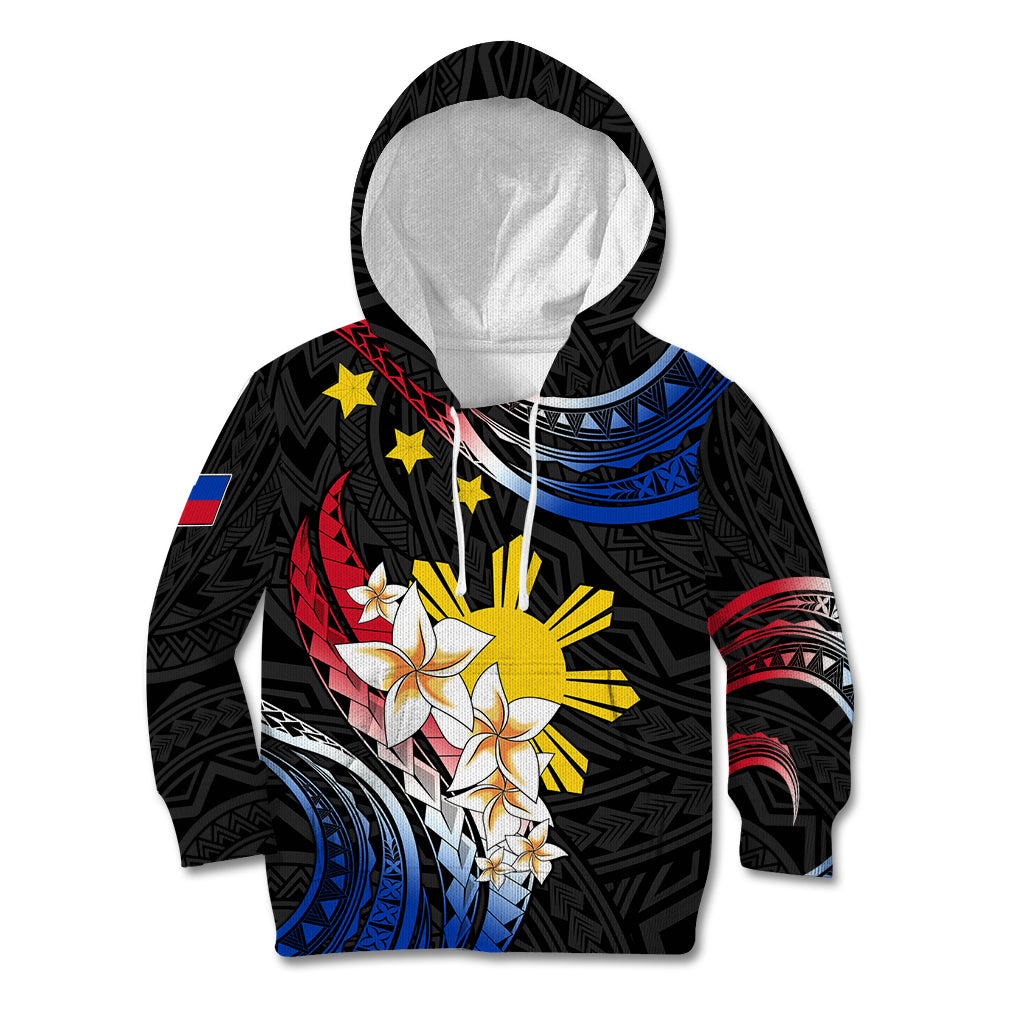Personalised Philippines Tribal Kid Hoodie Mix Plumeria - Flag Colors LT7 Hoodie Black - Polynesian Pride
