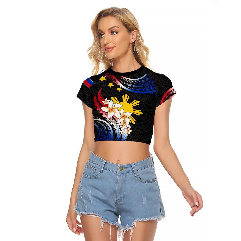 Personalised Philippines Tribal Raglan Cropped T Shirt Mix Plumeria - Flag Colors LT7 Female Black - Polynesian Pride