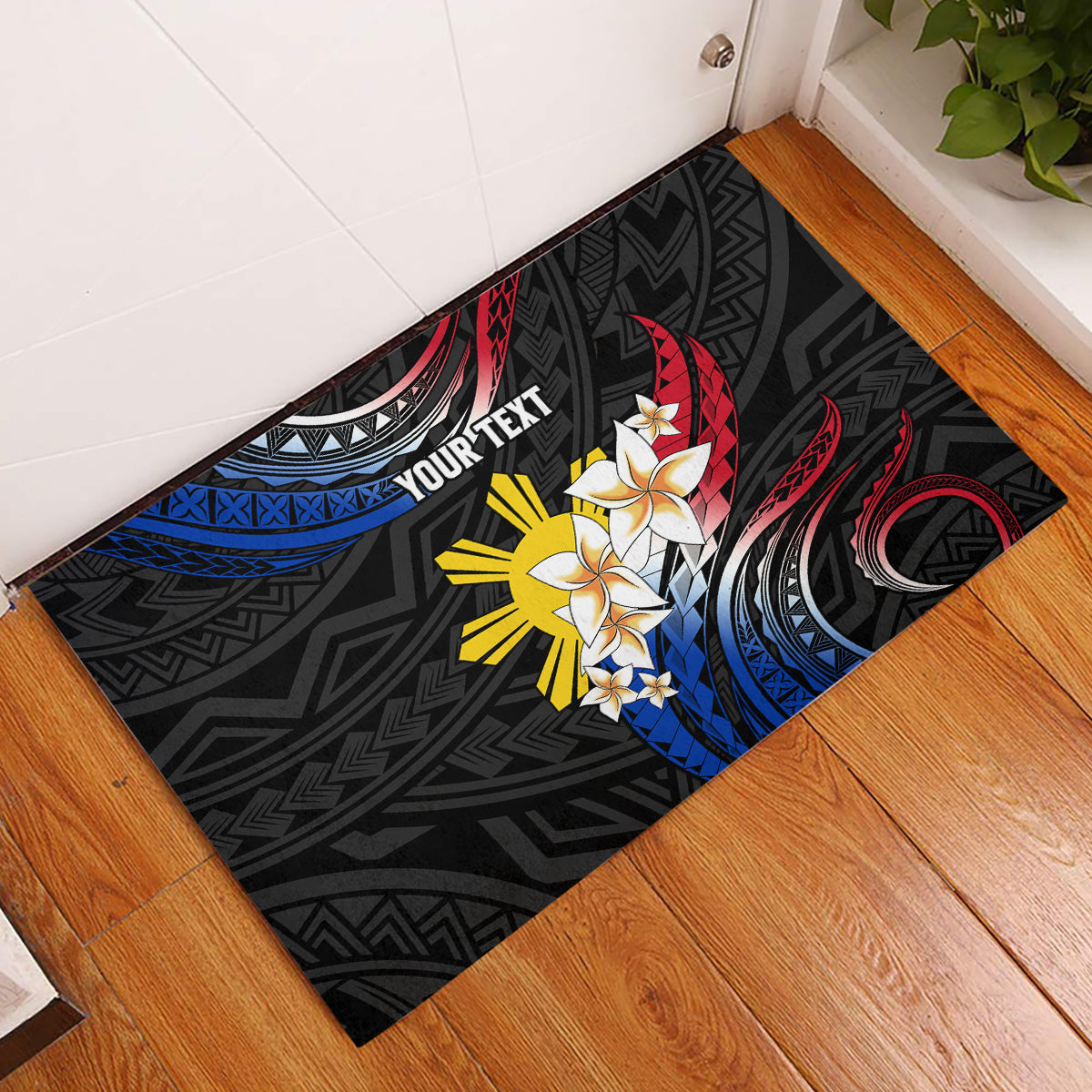 Personalised Philippines Tribal Rubber Doormat Mix Plumeria - Flag Colors LT7 Black - Polynesian Pride