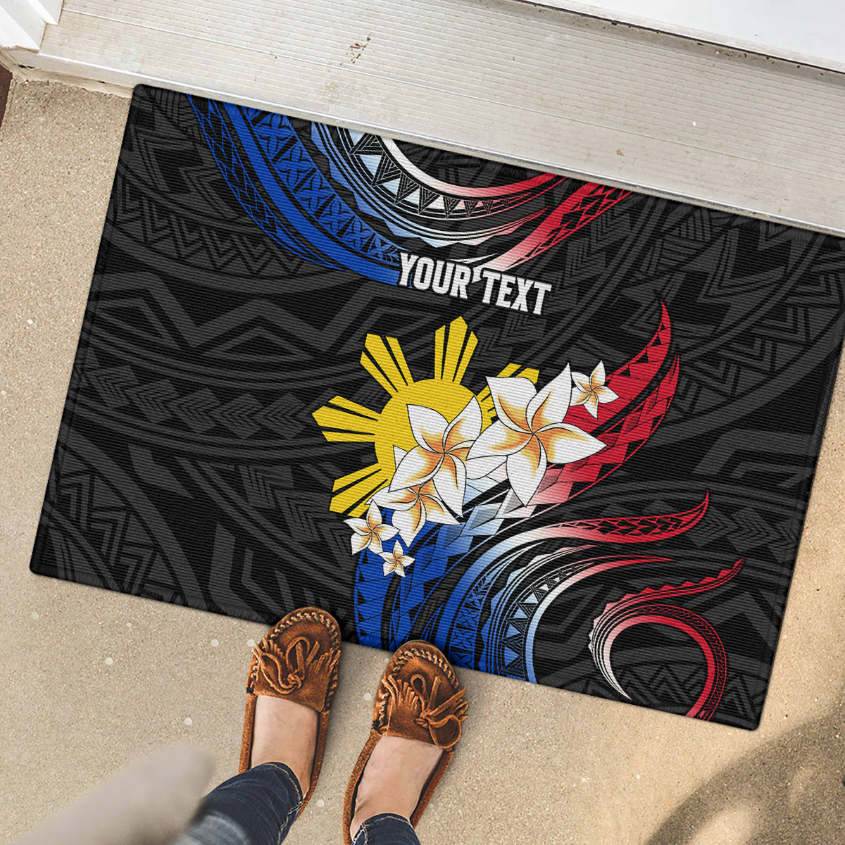 Personalised Philippines Tribal Rubber Doormat Mix Plumeria - Flag Colors LT7 - Polynesian Pride