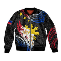 Personalised Philippines Tribal Sleeve Zip Bomber Jacket Mix Plumeria - Flag Colors LT7 Unisex Black - Polynesian Pride