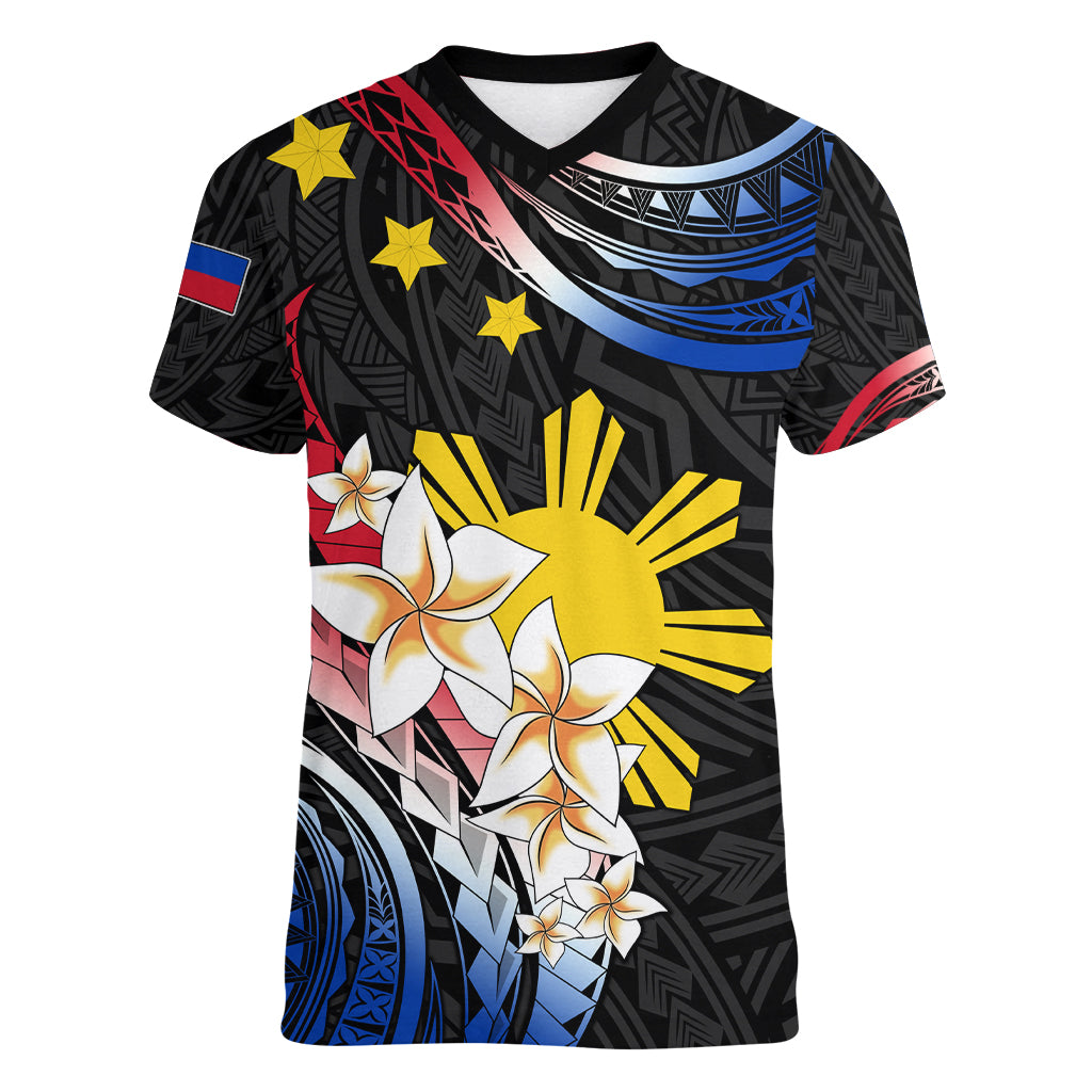 Personalised Philippines Tribal Women V Neck T Shirt Mix Plumeria - Flag Colors LT7 Female Black - Polynesian Pride