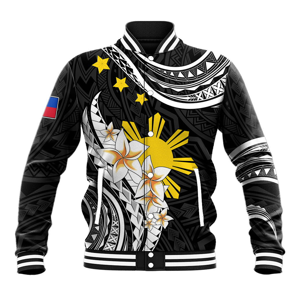 Personalised Philippines Tribal Baseball Jacket Mix Plumeria LT7 Unisex Black - Polynesian Pride
