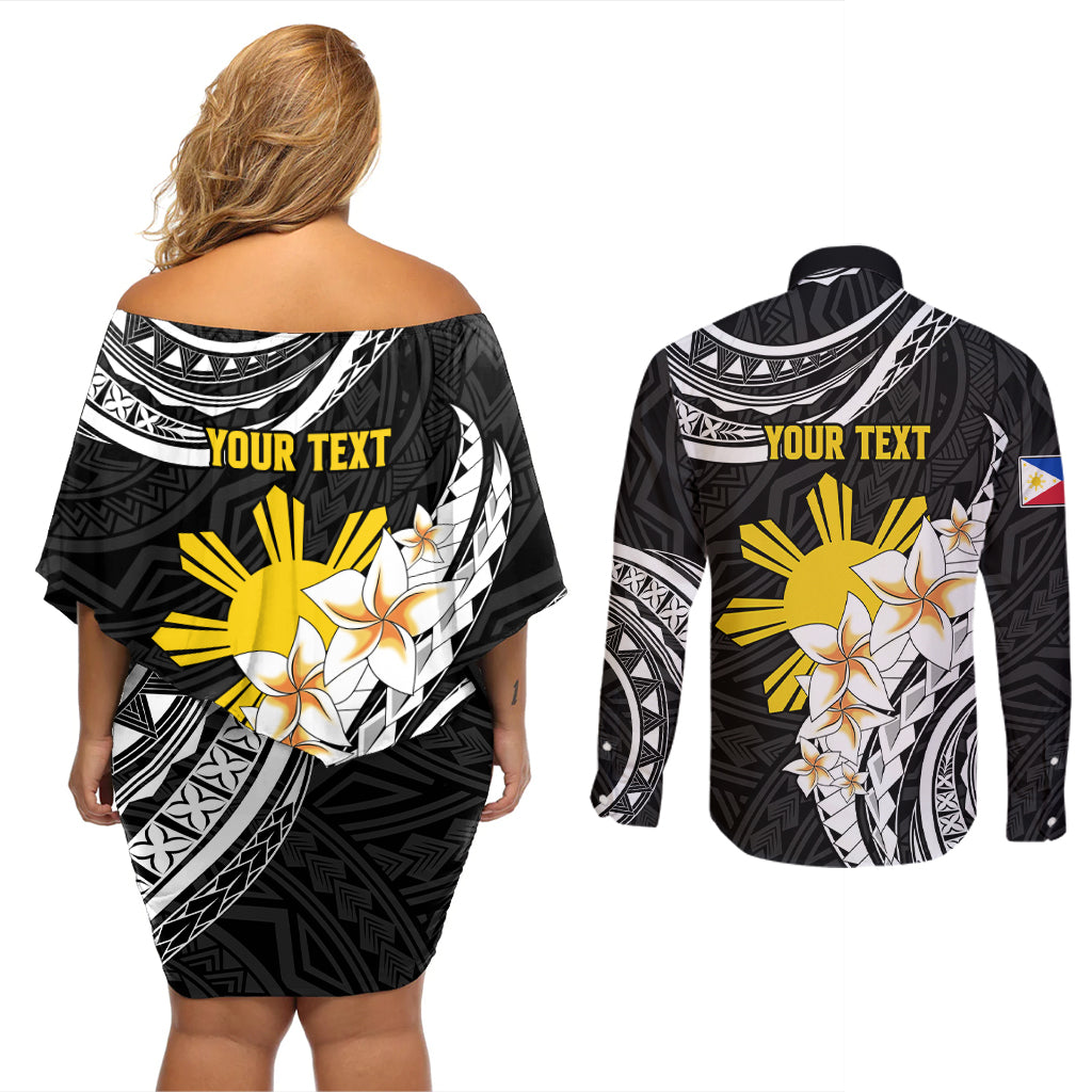 Personalised Philippines Tribal Couples Matching Off Shoulder Short Dress and Long Sleeve Button Shirt Mix Plumeria LT7 - Polynesian Pride