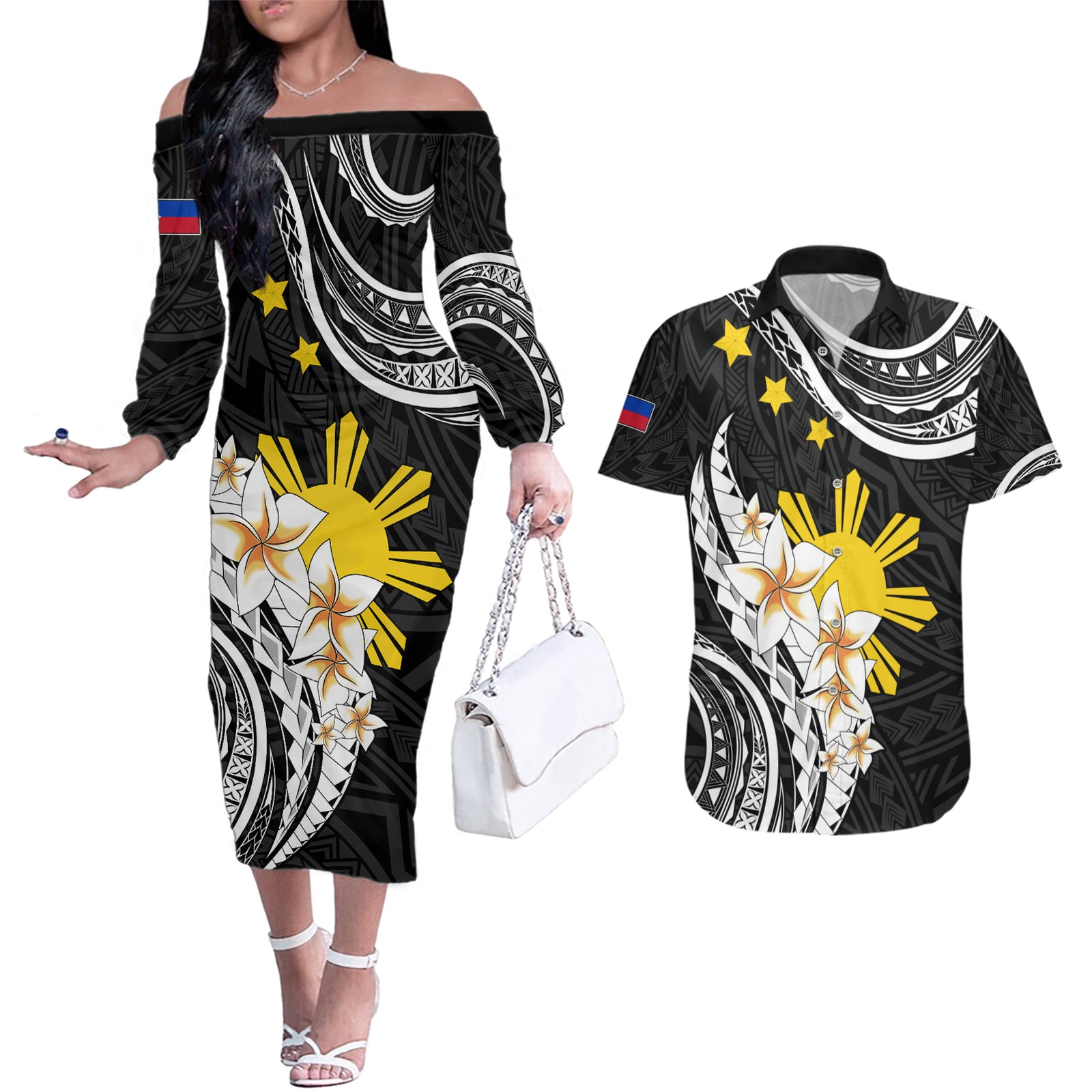 Personalised Philippines Tribal Couples Matching Off The Shoulder Long Sleeve Dress and Hawaiian Shirt Mix Plumeria LT7 Black - Polynesian Pride