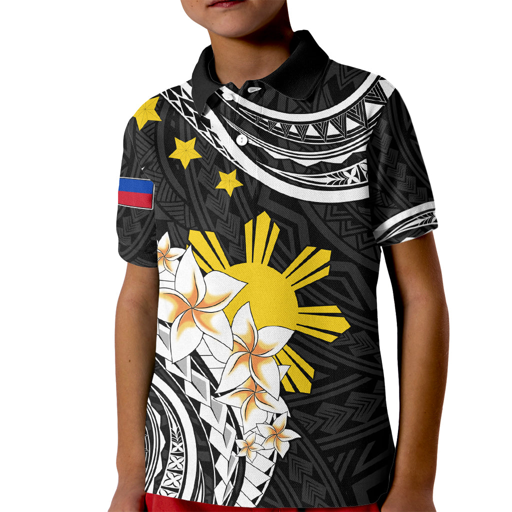 Personalised Philippines Tribal Kid Polo Shirt Mix Plumeria LT7 Kid Black - Polynesian Pride