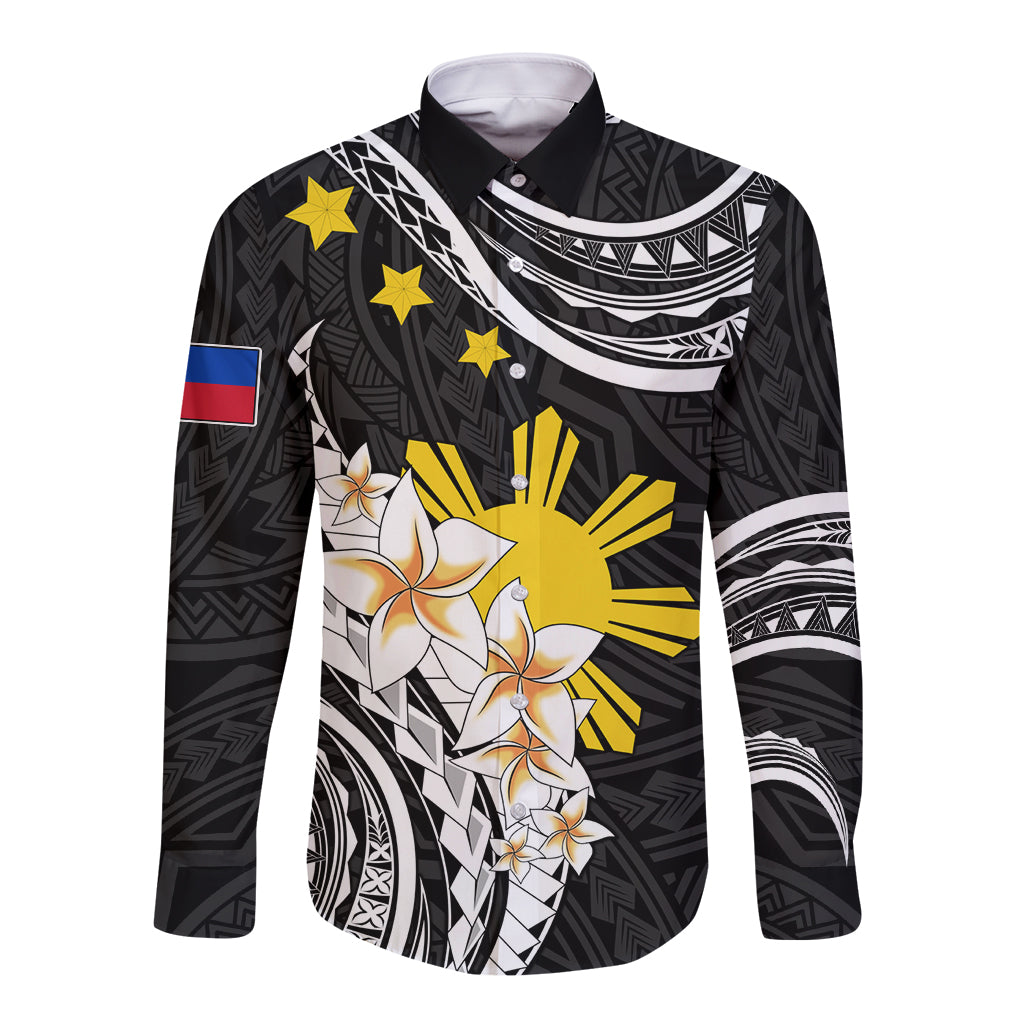 Personalised Philippines Tribal Long Sleeve Button Shirt Mix Plumeria LT7 Unisex Black - Polynesian Pride