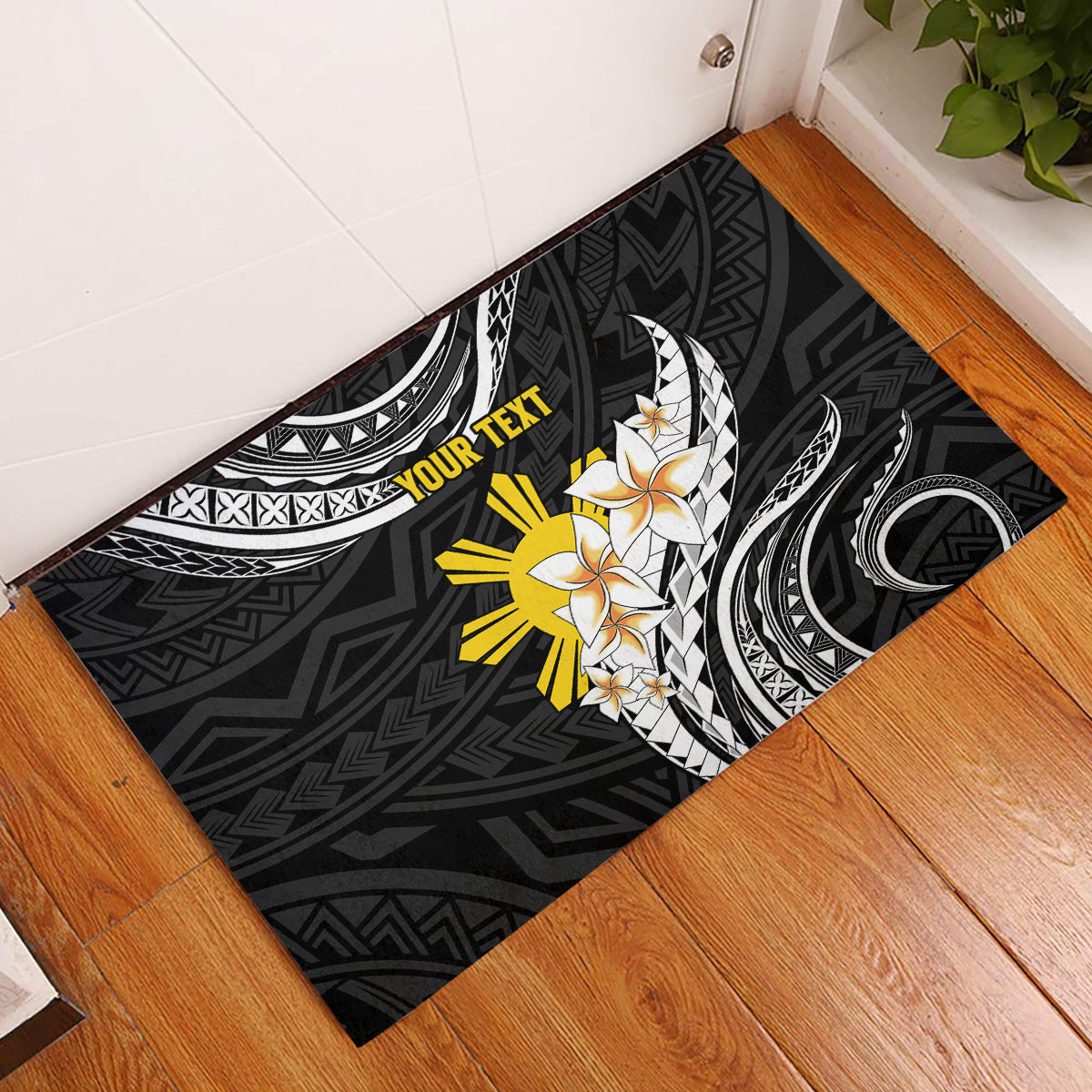 Personalised Philippines Tribal Rubber Doormat Mix Plumeria LT7 Black - Polynesian Pride