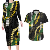 Hawaii Aloha Kakau Couples Matching Long Sleeve Bodycon Dress and Hawaiian Shirt Puakenikeni and Maile Lei Twist LT7 Black - Polynesian Pride