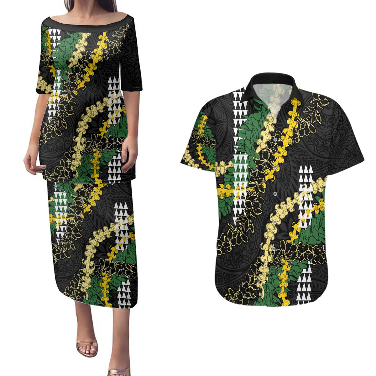 Hawaii Aloha Kakau Couples Matching Puletasi and Hawaiian Shirt Puakenikeni and Maile Lei Twist