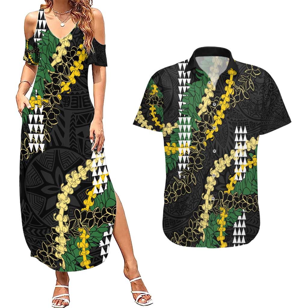 Hawaii Aloha Kakau Couples Matching Summer Maxi Dress and Hawaiian Shirt Puakenikeni and Maile Lei Twist
