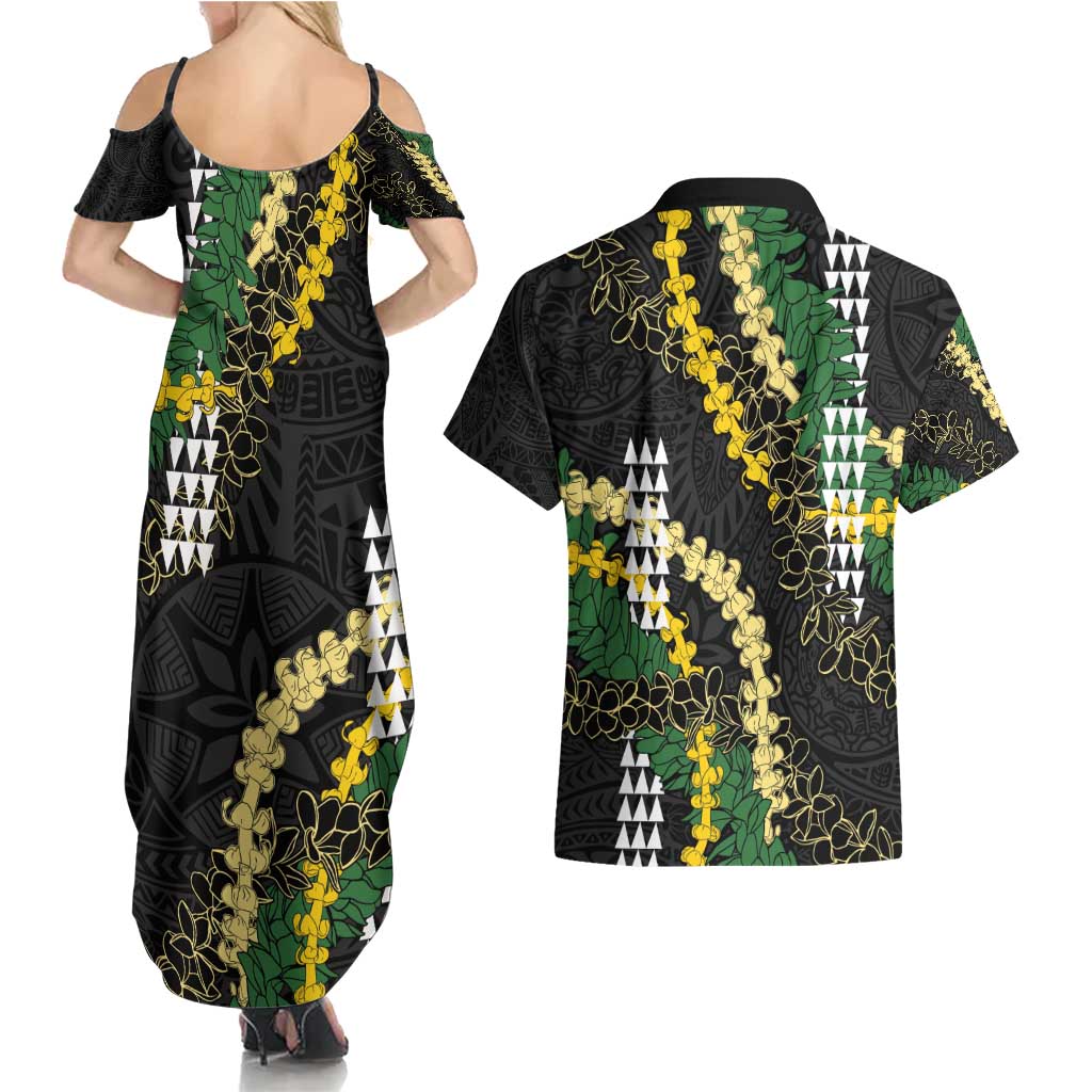 Hawaii Aloha Kakau Couples Matching Summer Maxi Dress and Hawaiian Shirt Puakenikeni and Maile Lei Twist