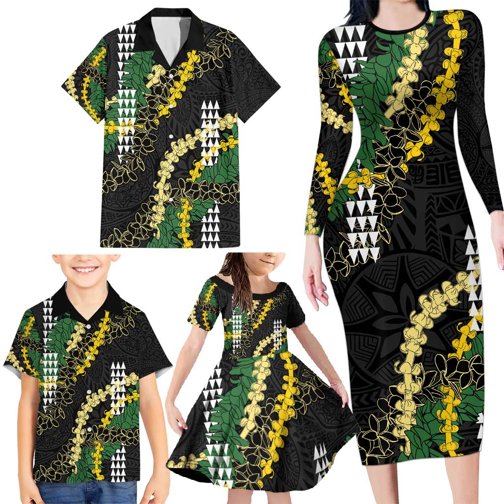 Hawaii Aloha Kakau Family Matching Long Sleeve Bodycon Dress and Hawaiian Shirt Puakenikeni and Maile Lei Twist LT7 - Polynesian Pride