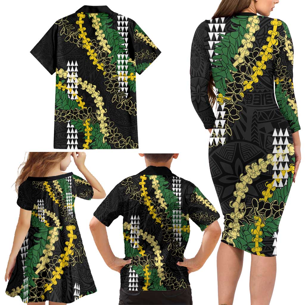 Hawaii Aloha Kakau Family Matching Long Sleeve Bodycon Dress and Hawaiian Shirt Puakenikeni and Maile Lei Twist LT7 - Polynesian Pride