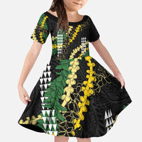 Hawaii Aloha Kakau Family Matching Off The Shoulder Long Sleeve Dress and Hawaiian Shirt Puakenikeni and Maile Lei Twist