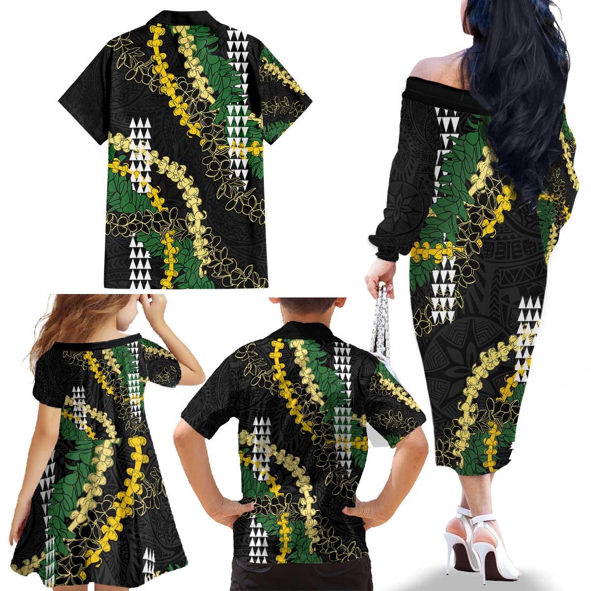 Hawaii Aloha Kakau Family Matching Off The Shoulder Long Sleeve Dress and Hawaiian Shirt Puakenikeni and Maile Lei Twist