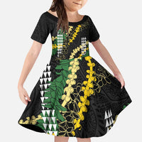 Hawaii Aloha Kakau Family Matching Off Shoulder Maxi Dress and Hawaiian Shirt Puakenikeni and Maile Lei Twist LT7 Daughter's Dress Black - Polynesian Pride