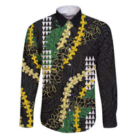 Hawaii Aloha Kakau Family Matching Off Shoulder Maxi Dress and Hawaiian Shirt Puakenikeni and Maile Lei Twist LT7 Dad's Shirt - Long Sleeve Black - Polynesian Pride