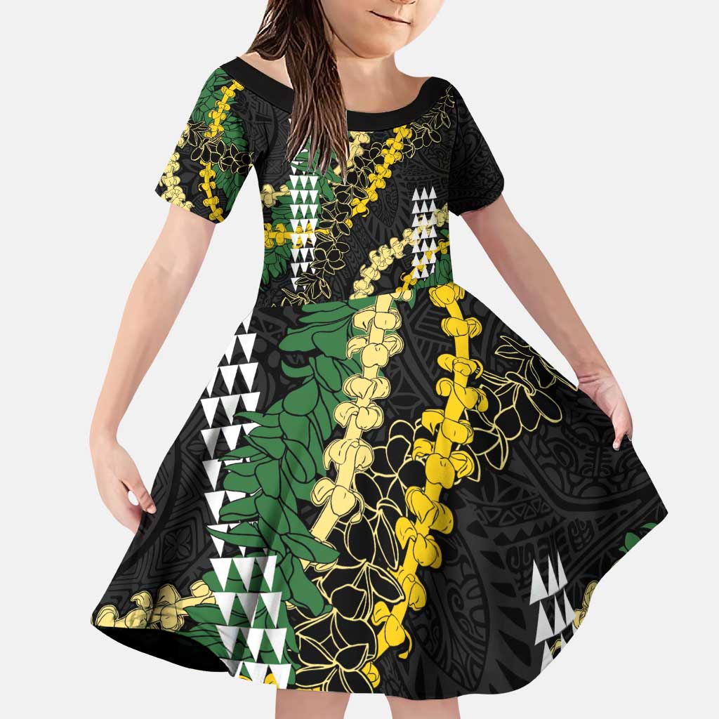 Hawaii Aloha Kakau Family Matching Puletasi and Hawaiian Shirt Puakenikeni and Maile Lei Twist LT7 Daughter's Dress Black - Polynesian Pride