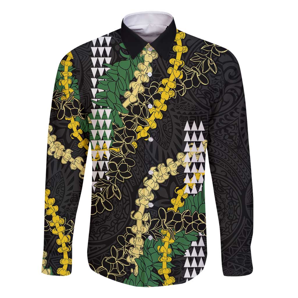 Hawaii Aloha Kakau Family Matching Tank Maxi Dress and Hawaiian Shirt Puakenikeni and Maile Lei Twist LT7 Dad's Shirt - Long Sleeve Black - Polynesian Pride