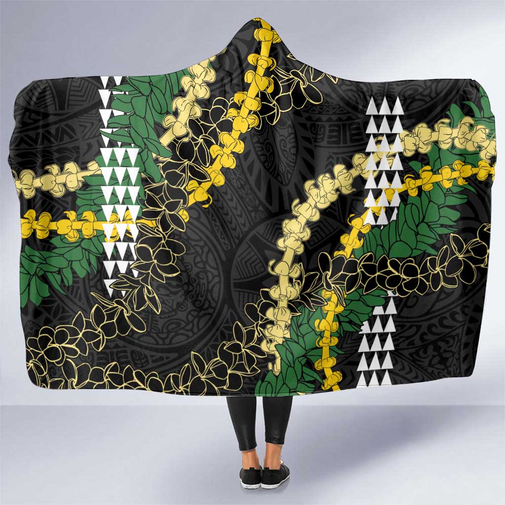 Hawaii Aloha Kakau Hooded Blanket Puakenikeni and Maile Lei Twist LT7 One Size Black - Polynesian Pride