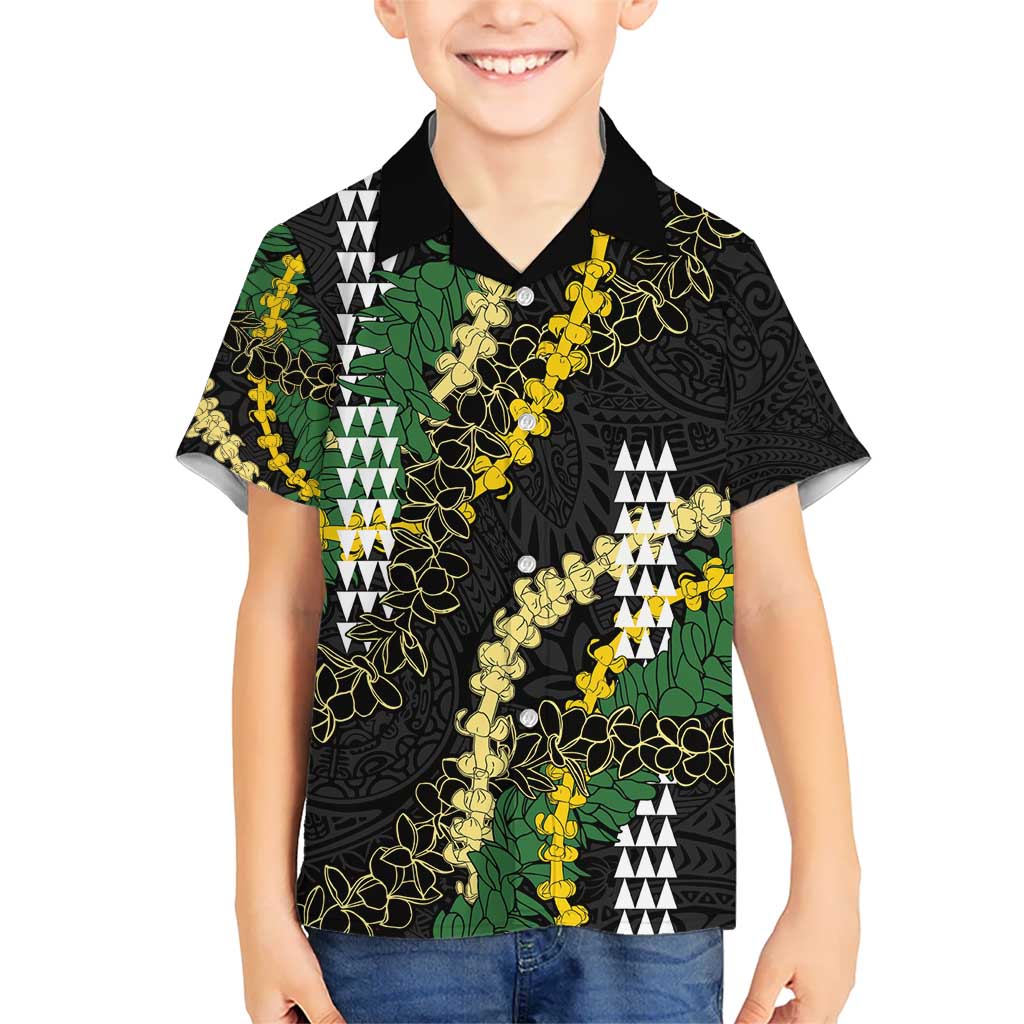 Hawaii Aloha Kakau Kid Hawaiian Shirt Puakenikeni and Maile Lei Twist LT7 Kid Black - Polynesian Pride