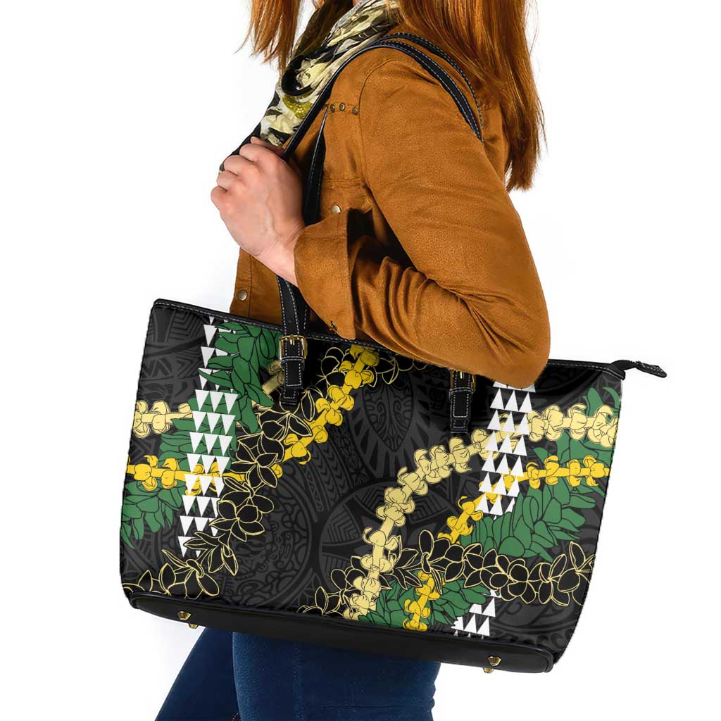 Hawaii Aloha Kakau Leather Tote Bag Puakenikeni and Maile Lei Twist LT7 Black - Polynesian Pride