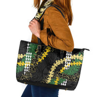 Hawaii Aloha Kakau Leather Tote Bag Puakenikeni and Maile Lei Twist LT7 Black - Polynesian Pride