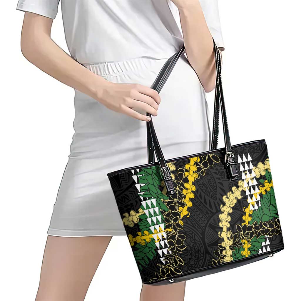 Hawaii Aloha Kakau Leather Tote Bag Puakenikeni and Maile Lei Twist LT7 - Polynesian Pride