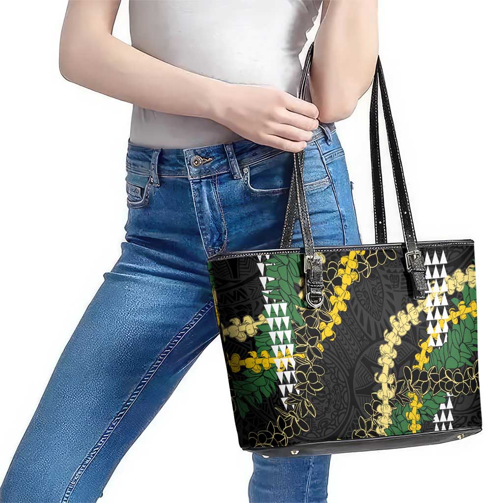 Hawaii Aloha Kakau Leather Tote Bag Puakenikeni and Maile Lei Twist LT7 - Polynesian Pride