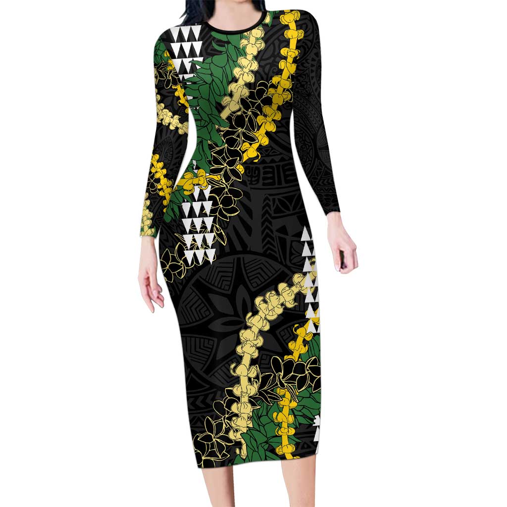 Hawaii Aloha Kakau Long Sleeve Bodycon Dress Puakenikeni and Maile Lei Twist LT7 Long Dress Black - Polynesian Pride