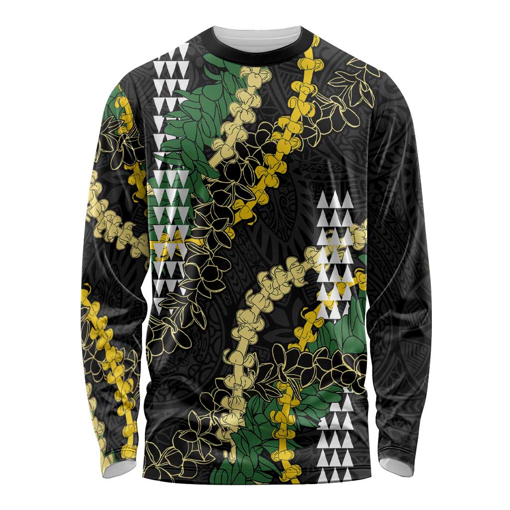 Hawaii Aloha Kakau Long Sleeve Shirt Puakenikeni and Maile Lei Twist LT7 Unisex Black - Polynesian Pride