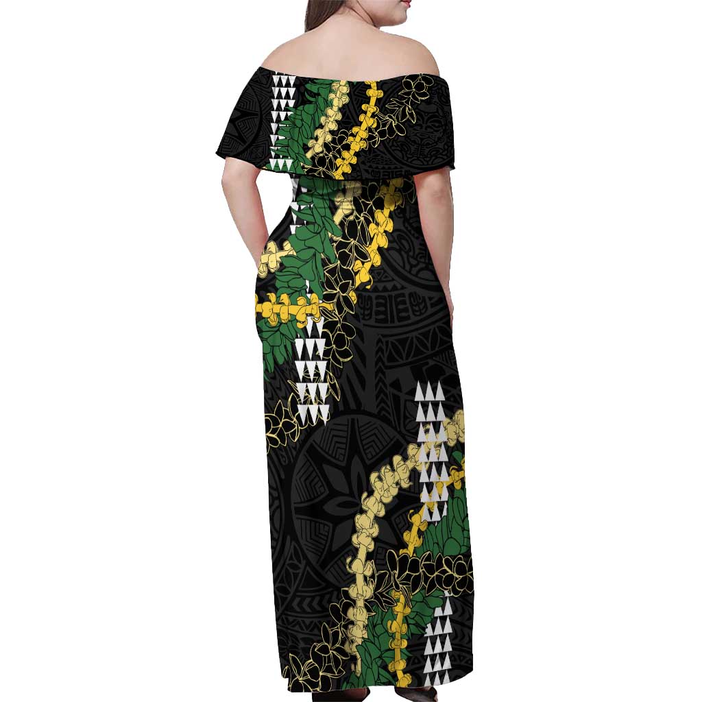 Hawaii Aloha Kakau Off Shoulder Maxi Dress Puakenikeni and Maile Lei Twist LT7 - Polynesian Pride