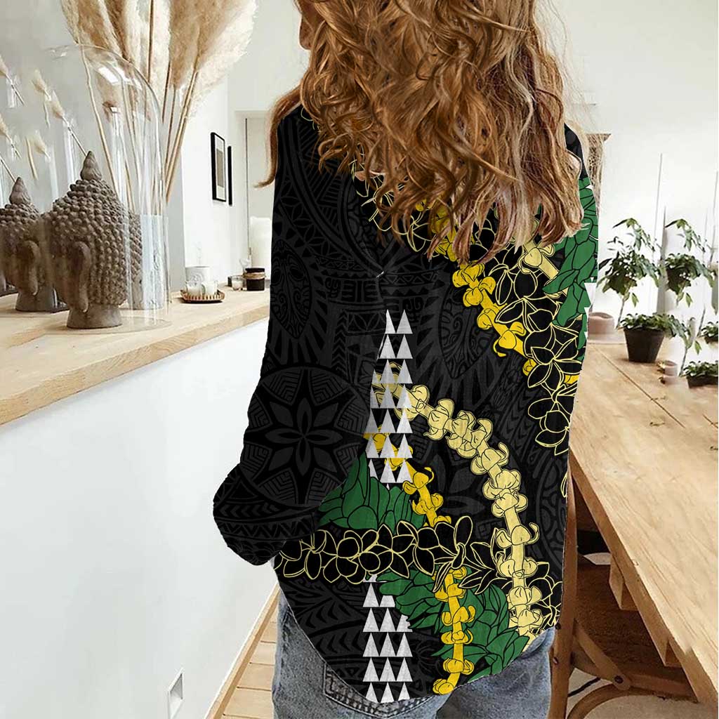 Hawaii Aloha Kakau Women Casual Shirt Puakenikeni and Maile Lei Twist