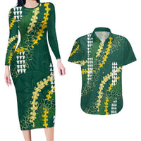 Hawaii Aloha Kakau Couples Matching Long Sleeve Bodycon Dress and Hawaiian Shirt Green Puakenikeni and Maile Lei Twist LT7 Green - Polynesian Pride