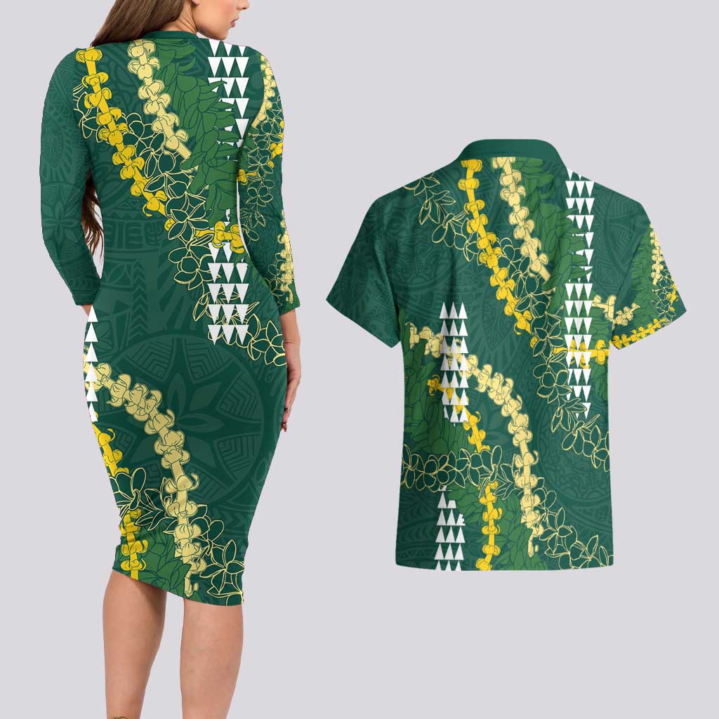 Hawaii Aloha Kakau Couples Matching Long Sleeve Bodycon Dress and Hawaiian Shirt Green Puakenikeni and Maile Lei Twist LT7 - Polynesian Pride