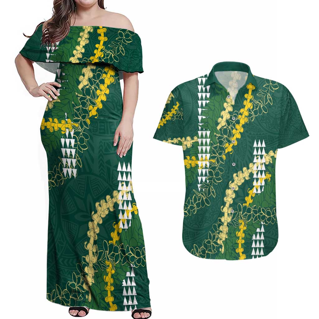 Hawaii Aloha Kakau Couples Matching Off Shoulder Maxi Dress and Hawaiian Shirt Green Puakenikeni and Maile Lei Twist