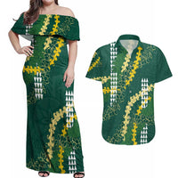 Hawaii Aloha Kakau Couples Matching Off Shoulder Maxi Dress and Hawaiian Shirt Green Puakenikeni and Maile Lei Twist LT7 Green - Polynesian Pride