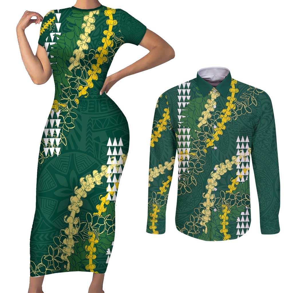 Hawaii Aloha Kakau Couples Matching Short Sleeve Bodycon Dress and Long Sleeve Button Shirt Green Puakenikeni and Maile Lei Twist LT7 Green - Polynesian Pride