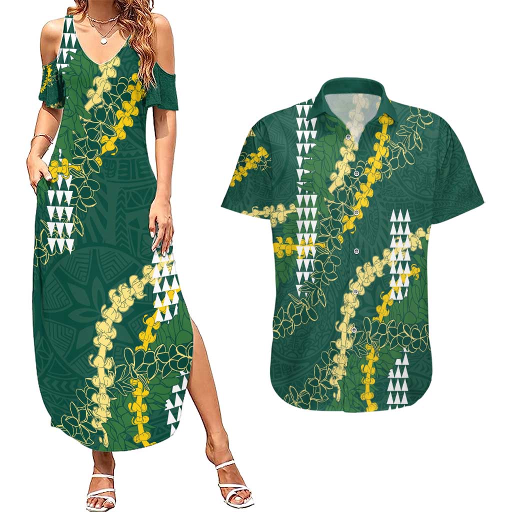 Hawaii Aloha Kakau Couples Matching Summer Maxi Dress and Hawaiian Shirt Green Puakenikeni and Maile Lei Twist LT7 Green - Polynesian Pride