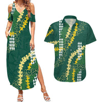 Hawaii Aloha Kakau Couples Matching Summer Maxi Dress and Hawaiian Shirt Green Puakenikeni and Maile Lei Twist LT7 Green - Polynesian Pride