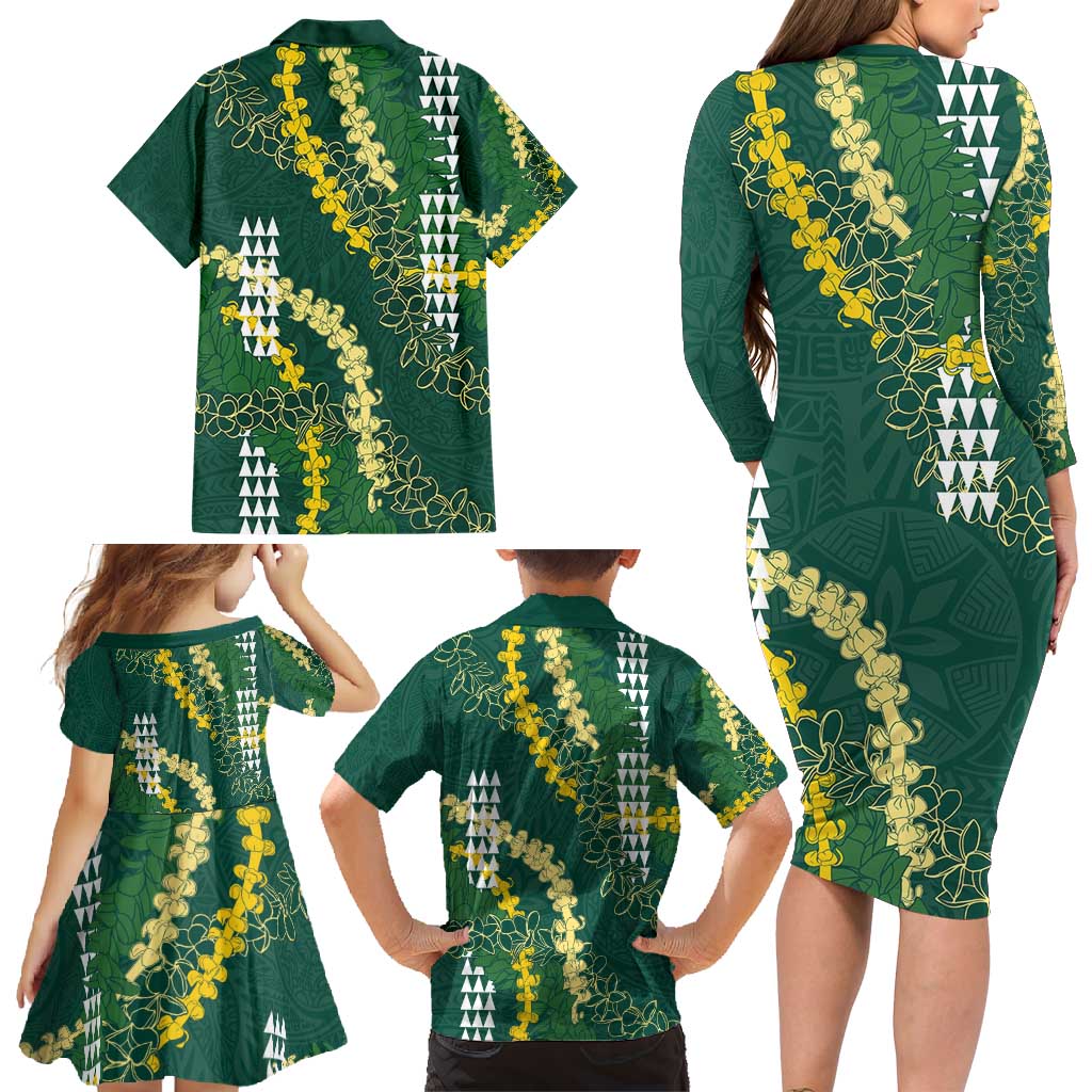 Hawaii Aloha Kakau Family Matching Long Sleeve Bodycon Dress and Hawaiian Shirt Green Puakenikeni and Maile Lei Twist LT7 - Polynesian Pride