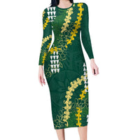 Hawaii Aloha Kakau Family Matching Long Sleeve Bodycon Dress and Hawaiian Shirt Green Puakenikeni and Maile Lei Twist LT7 Mom's Dress Green - Polynesian Pride