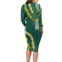Hawaii Aloha Kakau Family Matching Long Sleeve Bodycon Dress and Hawaiian Shirt Green Puakenikeni and Maile Lei Twist LT7 - Polynesian Pride