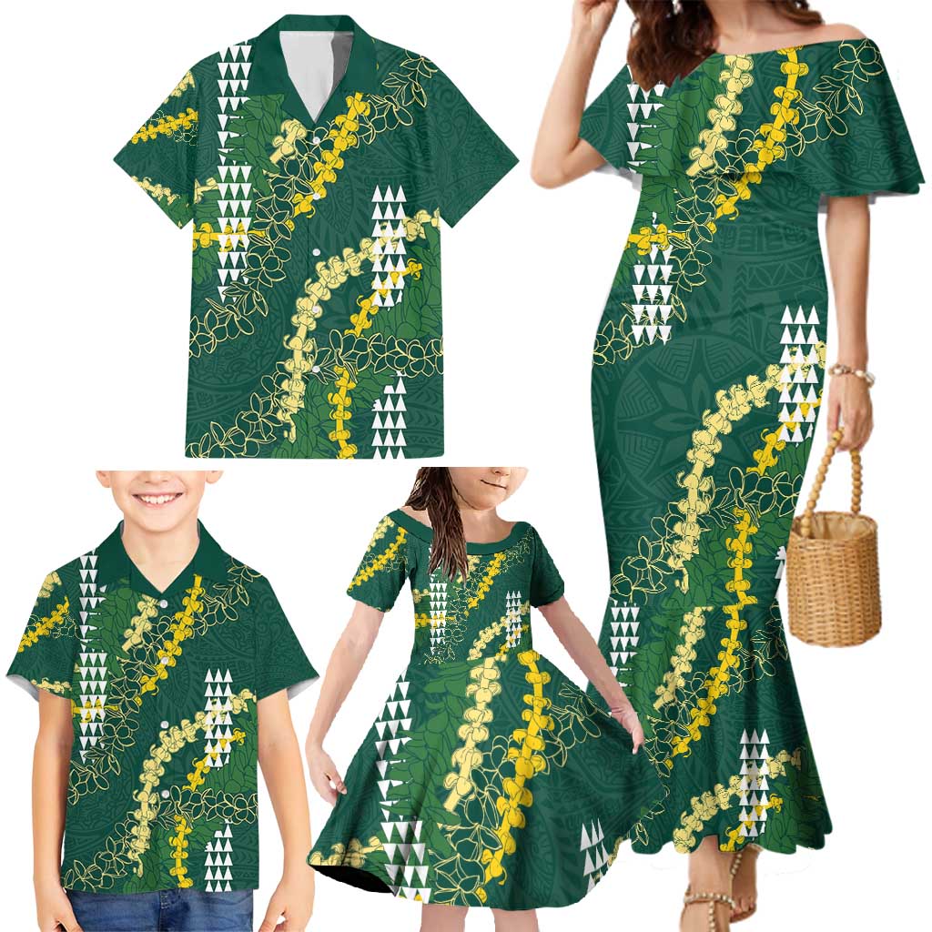 Hawaii Aloha Kakau Family Matching Mermaid Dress and Hawaiian Shirt Green Puakenikeni and Maile Lei Twist