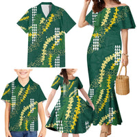 Hawaii Aloha Kakau Family Matching Mermaid Dress and Hawaiian Shirt Green Puakenikeni and Maile Lei Twist LT7 - Polynesian Pride