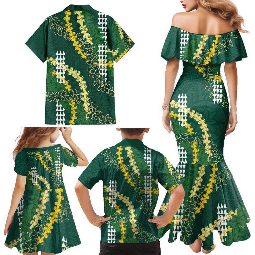 Hawaii Aloha Kakau Family Matching Mermaid Dress and Hawaiian Shirt Green Puakenikeni and Maile Lei Twist LT7 - Polynesian Pride