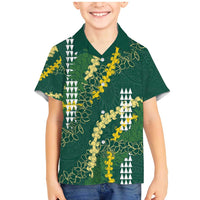 Hawaii Aloha Kakau Family Matching Mermaid Dress and Hawaiian Shirt Green Puakenikeni and Maile Lei Twist LT7 Son's Shirt Green - Polynesian Pride