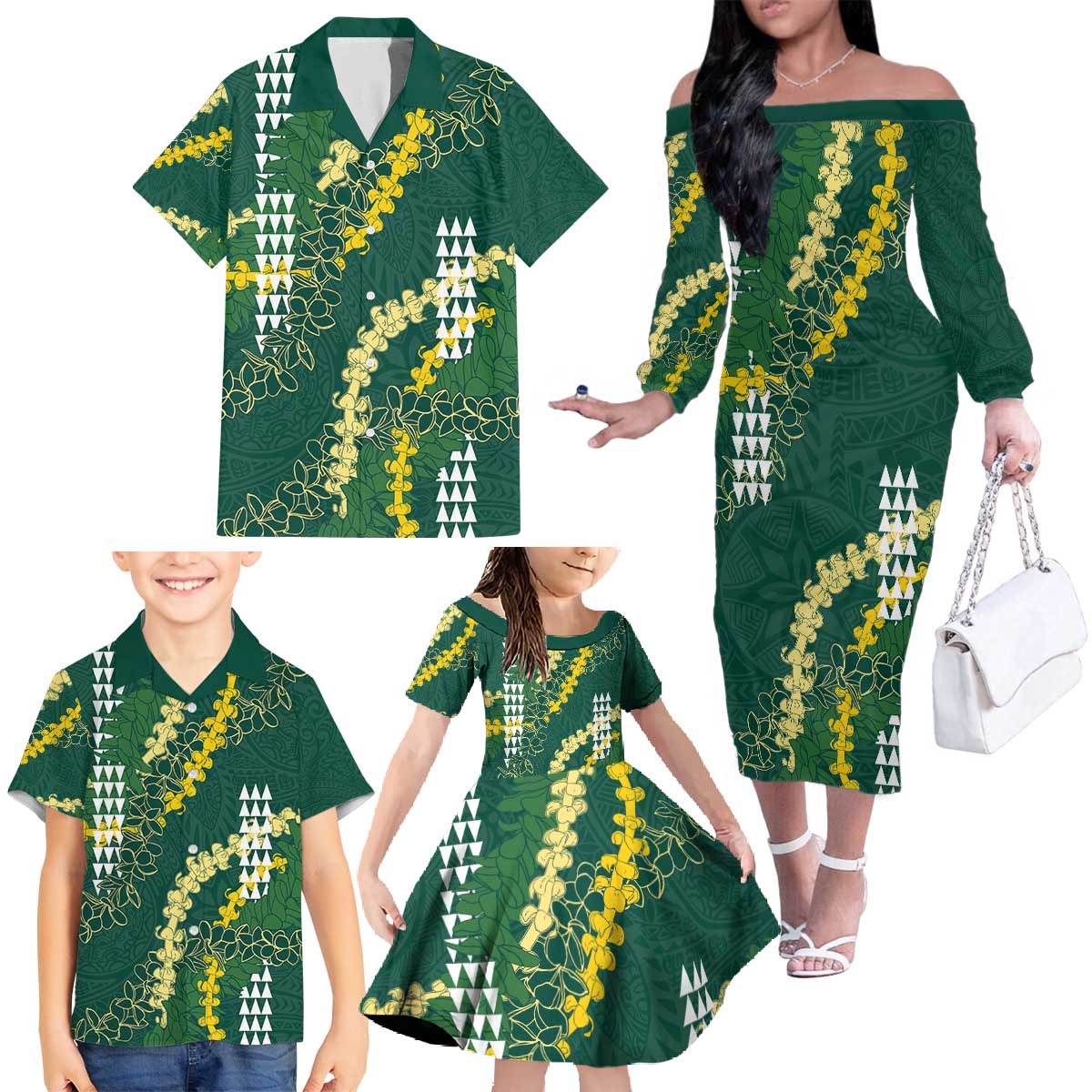 Hawaii Aloha Kakau Family Matching Off The Shoulder Long Sleeve Dress and Hawaiian Shirt Green Puakenikeni and Maile Lei Twist