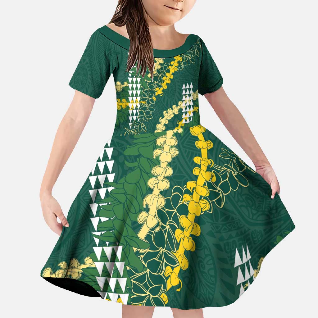 Hawaii Aloha Kakau Family Matching Off Shoulder Maxi Dress and Hawaiian Shirt Green Puakenikeni and Maile Lei Twist LT7 Daughter's Dress Green - Polynesian Pride